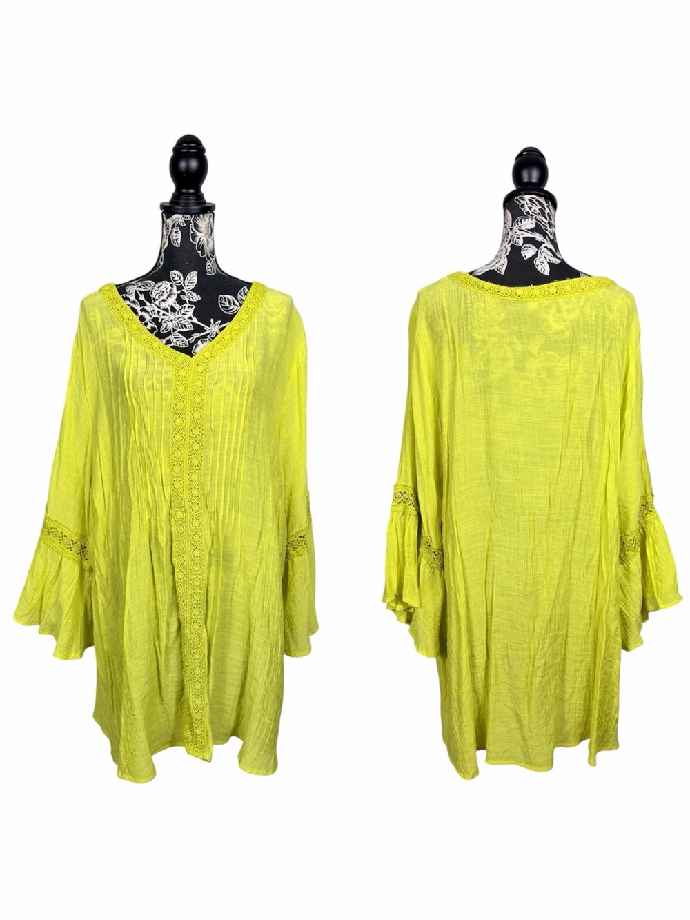 Avenue bright neon yellow bell sleeve crochet boho tunic top size 2X